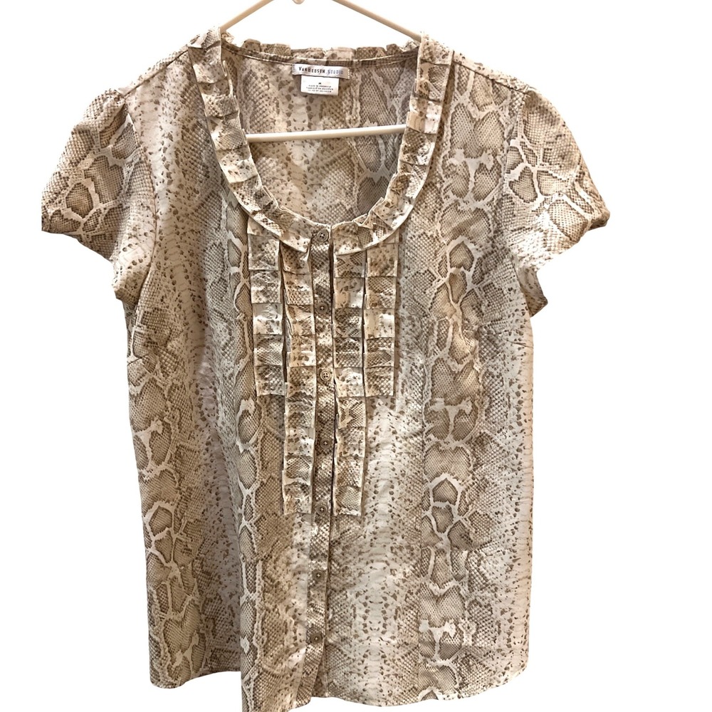 Van Heusen Studio Womens Snakeskin Print Ruffle Button Front Blouse Tan Medium